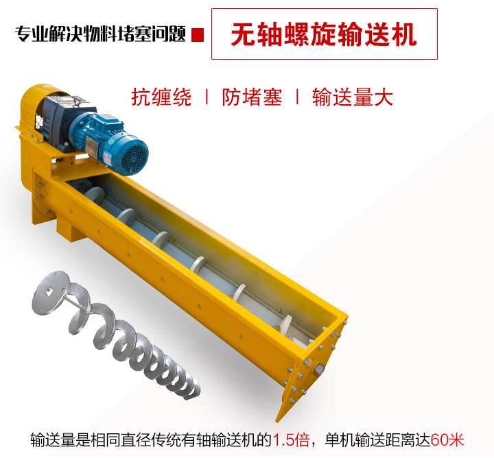 輸送量是相同直徑傳統(tǒng)有軸輸送機(jī)的1.5倍,單機(jī)輸送距離達(dá)60米